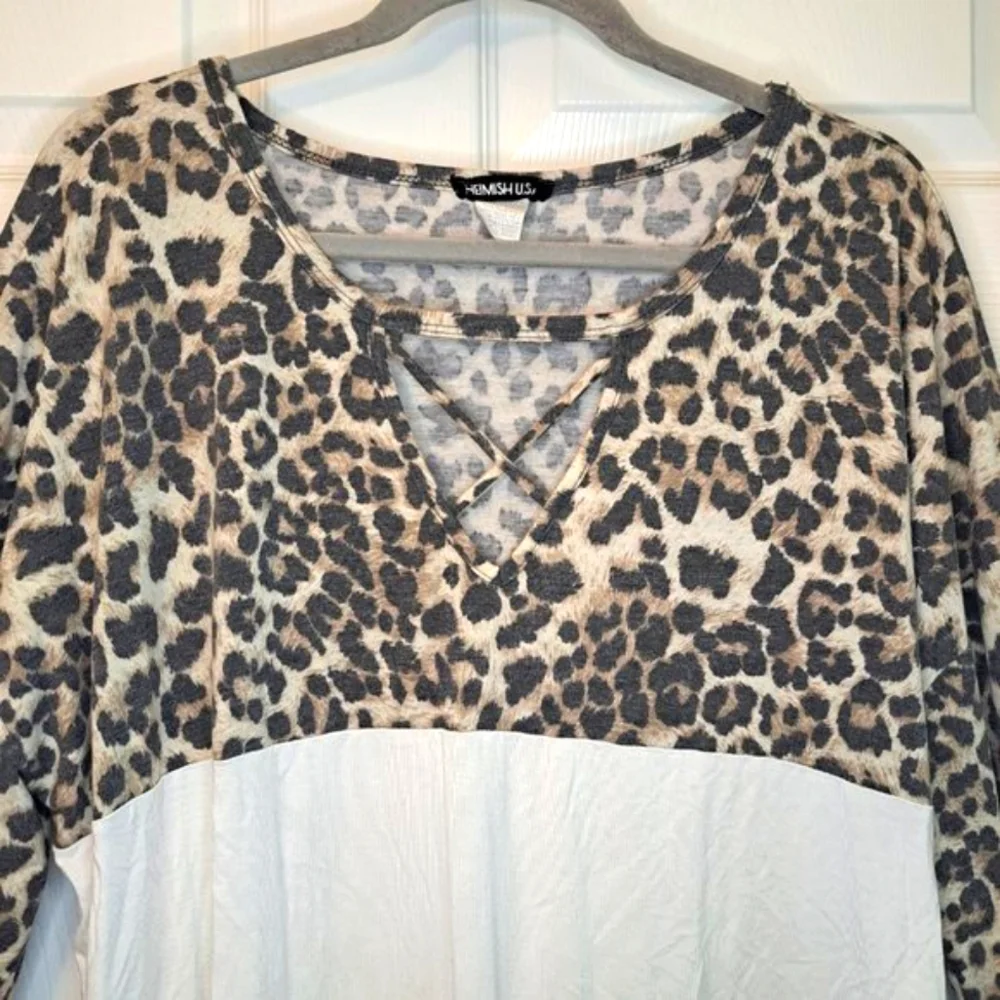 Heimish USA Leopard Colorblock Strappy Neck Long Sleeved Shirt Plus Size 3X